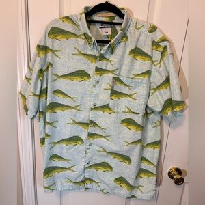 Columbia River Lodge Fish Print Button Down Shirt Blue Mens XL